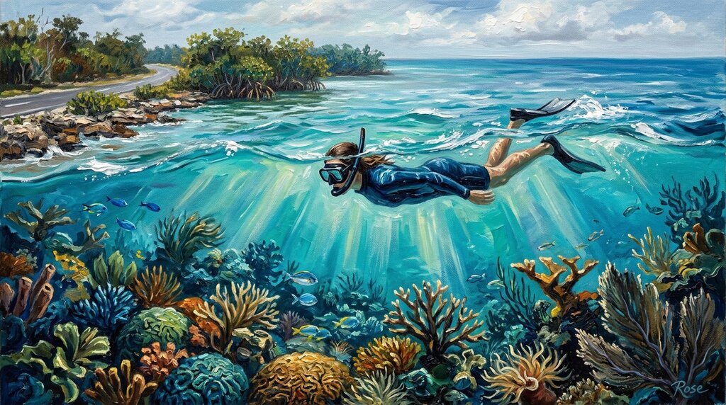 Oil painting of a snorkeler above the Bay of Pigs reef near Ciénaga de Zapata