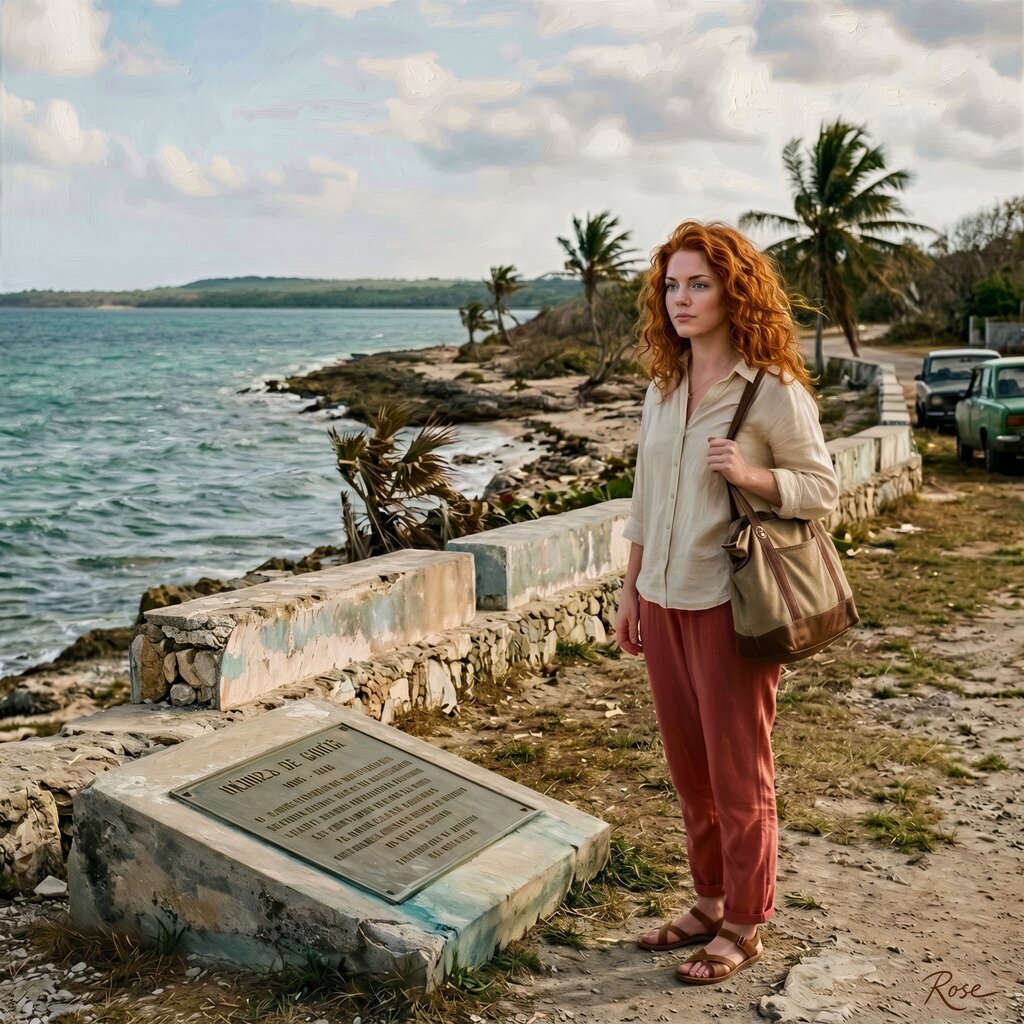 Oil painting of Rose at Playa Girón beside the Bay of Pigs coastline in Cuba