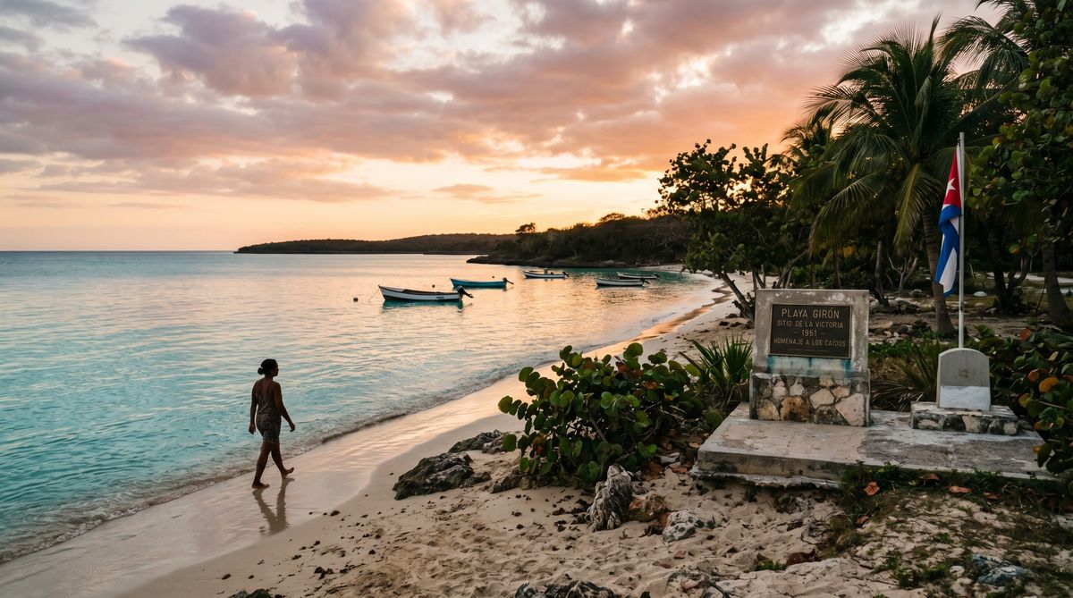 Playa Giron coastline with memorial atmosphere and tropical water in Cuba